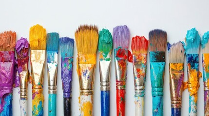 Fototapeta premium Row Of Messy Colorful Paint Brushes On Isolated White Background - Creativity Concept with generative ai