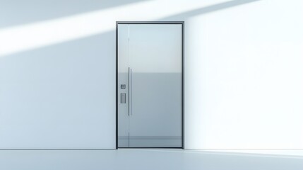 52. **A minimalist sliding door with a frosted glass panel and slim metallic handle, rendered on a pristine white background.