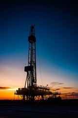 A drilling rig silhouetted against the dawn sky, with the first light of day breaking over the horizon. The rig stands tall