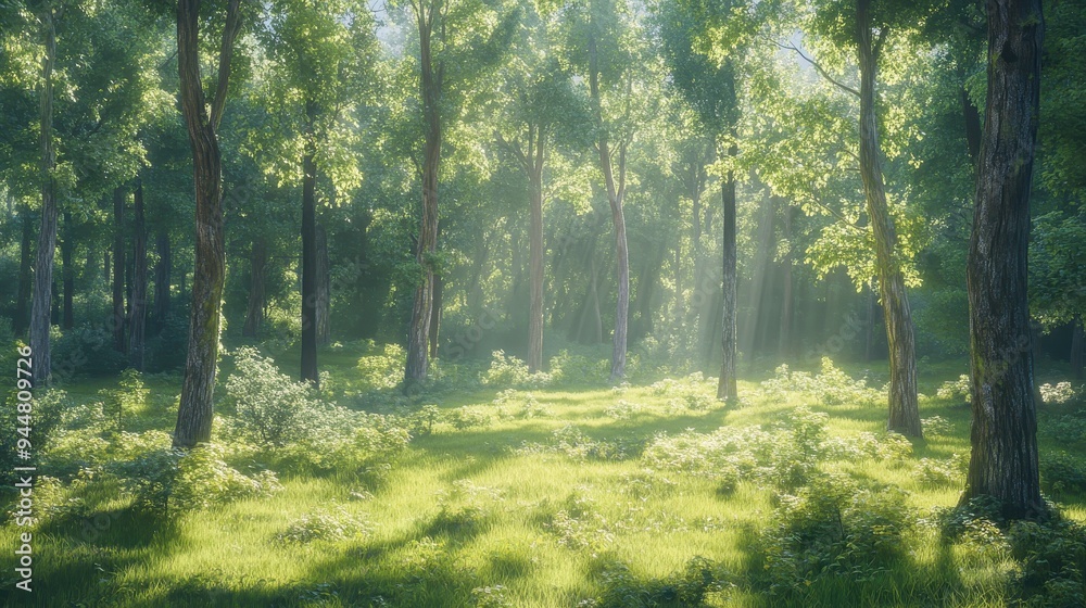 Poster Sunbeams Through Tall Trees In A Lush Green Forest