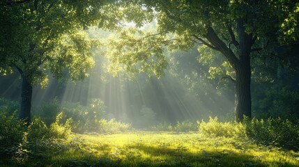 Obraz premium Sun Rays Through Forest Trees with Lush Green Undergrowth