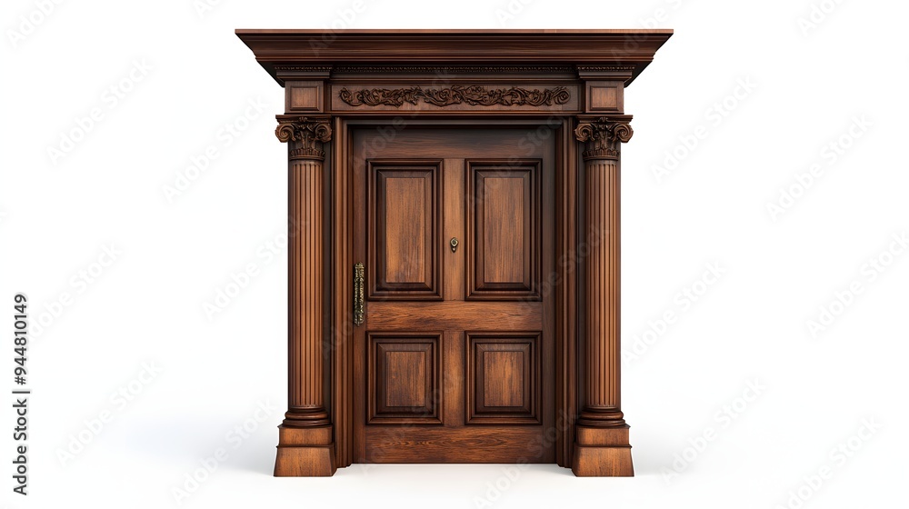 Wall mural 54. **A classic wooden door with elegant carving and a rich wood stain, isolated on a pristine white background.