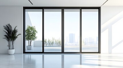 55. **A contemporary French window with a large glass area and slim metal frame, rendered on a pristine white background.