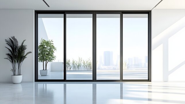 Fototapeta 55. **A contemporary French window with a large glass area and slim metal frame, rendered on a pristine white background.