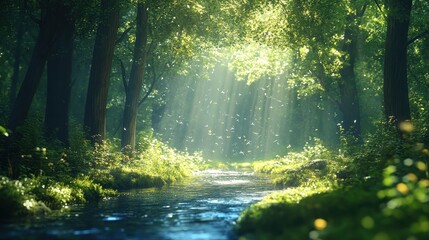 Obraz premium Sunlight through Trees and Stream in Lush Green Forest