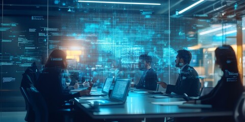 Startup team holding an energetic meeting discussing innovative ideas and strategies with digital screens and collaborative tools in a sleek workspace