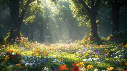 Obraz premium Sunbeams Through Forest Canopy Over Colorful Wildflower Meadow