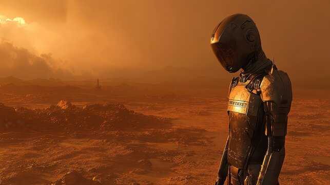 Astronaut in Spacesuit Exploring Red Planet Landscape with Sunset