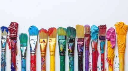 Row Of Messy Colorful Paint Brushes On Isolated White Background - Creativity Concept with generative ai