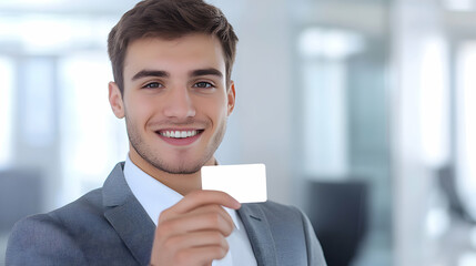 Close-up photo of a smiling young businessman slightly tilting the credit card toward the camera, with a playful expression, as if inviting the viewer to make a purchase