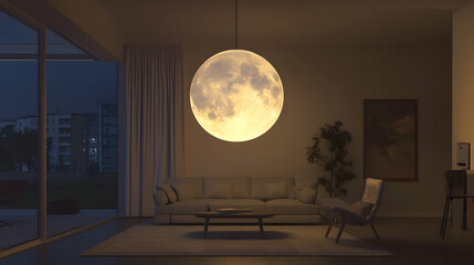 A conceptual design for a modern interior, where a clear transparent full moon lamp hangs in the center of a minimalist living room