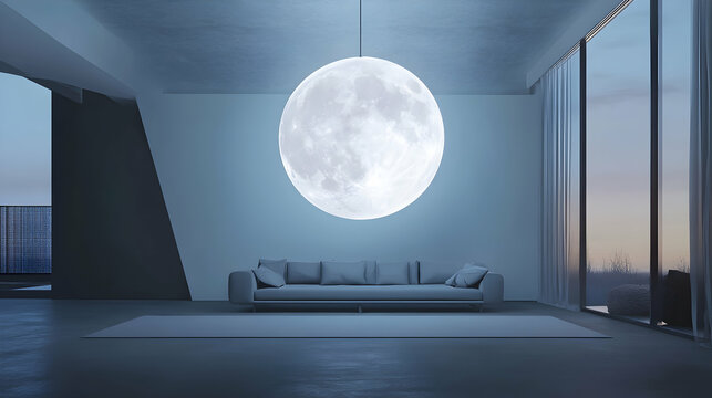 A conceptual design for a modern interior, where a clear transparent full moon lamp hangs in the center of a minimalist living room