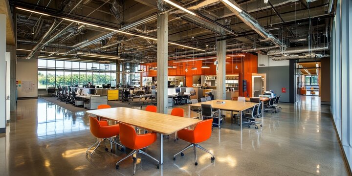 Open plan office with large communal tables breakout areas and digital tools promoting an inclusive and collaborative work culture