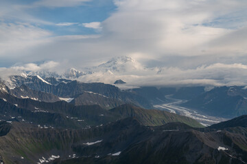 Aerial view of Denali, the highest mountain peak in North America in Denali National Park from airplane