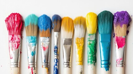 Fototapeta premium Row Of Messy Colorful Paint Brushes On Isolated White Background - Creativity Concept with generative ai