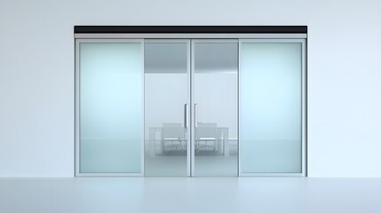 Fototapeta premium 60. **A modern sliding glass door with a sleek handle and clear panels, rendered on a pristine white background.