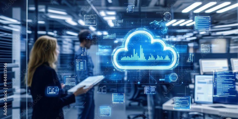 Poster business professionals leveraging digital solutions like cloud-based software and collaborative plat