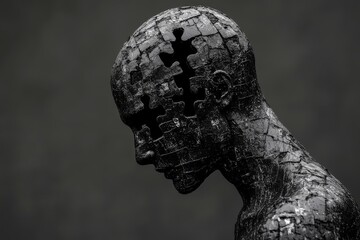 Fototapeta premium Rusty Metal Sculpture of a Human Head with a Puzzle Piece Missing Symbolizing Cognitive Challenges Memory Loss and the Aging Process in a Weathered Timeless Design
