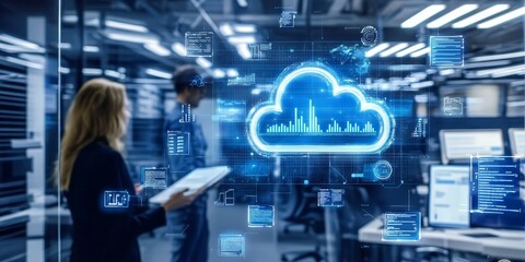 Business professionals leveraging digital solutions like cloud-based software and collaborative platforms in a modern office to streamline operations