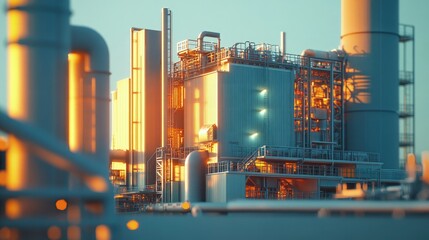 Obraz premium Biomass power station close-up, green energy, industrial setting, warm light