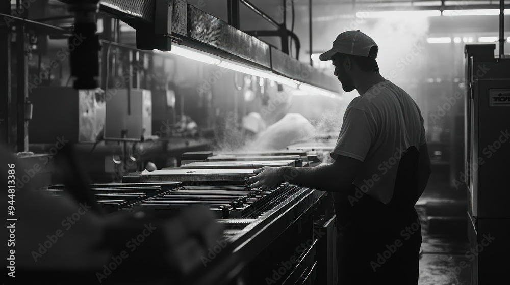 Poster Man Working in a Factory with Steam Rising from a Conveyor Belt