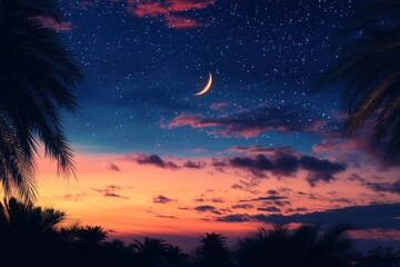 Sky night stars and moon, islamic night, sunset, twilight with generative ai