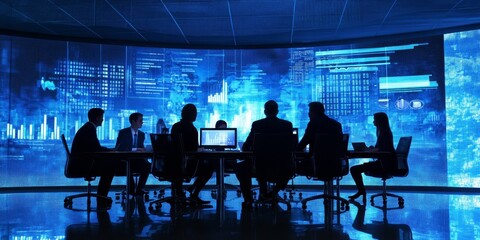 Executives discussing digital solutions such as CRM systems and data analytics tools to drive business growth in a sleek conference room