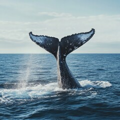 Naklejka premium A large humpback whale leaps above the water with its tail to breathe. An endangered marine animal.