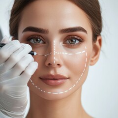 A young woman undergoes facial plastic surgery. The doctor wears medical gloves and uses a pen to mark dotted lines to reshape her face.
