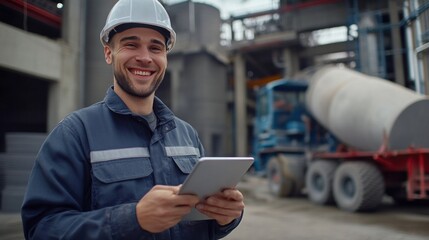 Young man in uniform and hard hat, smiling while holding a computer tablet at a concrete factory, with a cement mixer truck in the background