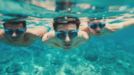 Fototapeta premium A photo capturing a family swimming in perfect synchronization their coordinated underwater moves creating a visually striking and harmonious scene in the tranquil turquoise pool waters