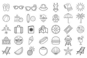The Summer Icon Set is a collection of line icons suitable for summer-themed websites and mobile apps, featuring popular summer vacation elements like travel, beach, tourism, and relaxation.