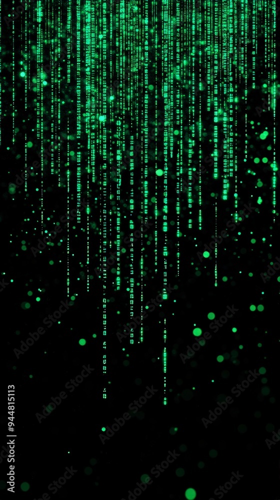 Wall mural data stream, flowing binary code, digital rain effect, green monochrome