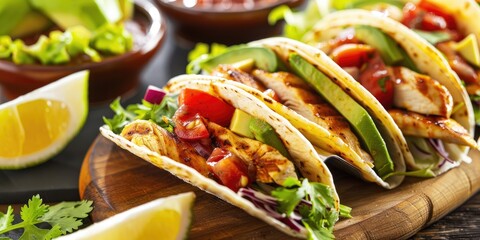 Grilled chicken tacos served with a fresh avocado salad and salsa.