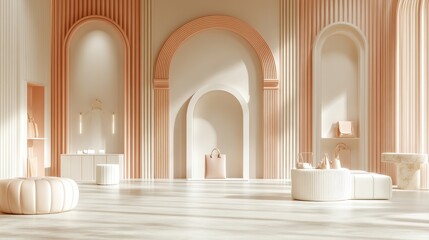 Naklejka premium Minimalist Interior Design with Arched Walls Sunbeams and White Furniture