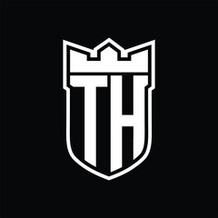 TH Logo shield shape with geometric crown inside white outline on black background template design