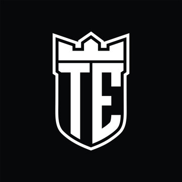 recommend clip art: TE Logo shield shape with geometric crown inside white outline on black background template design