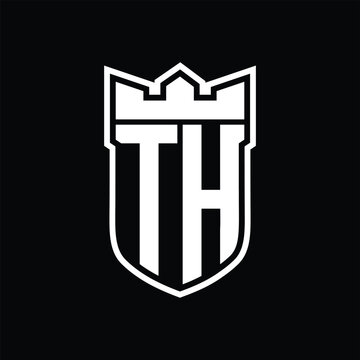 recommend clip art: TH Logo shield shape with geometric crown inside white outline on black background template design