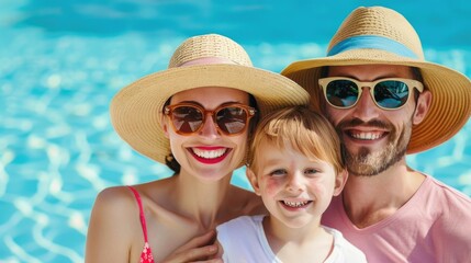 A happy family enjoying a poolside vacation with the parents ensuring their child s safety by applying sunscreen together  The scene captures a moment of relaxation joy and time spent as a family