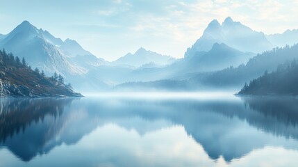 Fototapeta premium Misty Mountain Lake Reflection