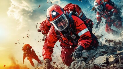 Fototapeta premium Earthquake rescue operation, teams working in rubble, under bright floodlights