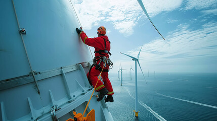 Worker Performing Maintenance on Wind Turbine