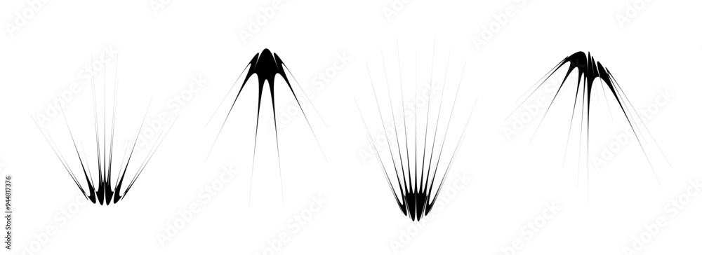 Poster Abstract spiky element set. Thin thorn semicircle shapes and angular sunburst bundle. Futuristic spokes objects for poster, collage, banner, logo, card, icon, label, sticker. Black vector twinkles