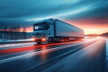 Freight Truck on Highway During Vibrant Winter Sunset