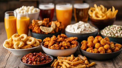A delectable spread of various game day snacks and beverages arranged on a rustic wooden table creating a cozy and inviting atmosphere with a deep depth of field that blurs the background