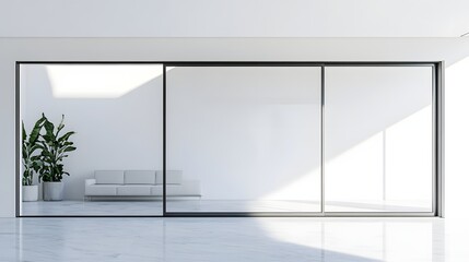 48. **A contemporary sliding window with a narrow aluminum frame, rendered on a pristine white background.