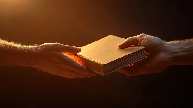 Hands exchanging a book, passing on knowledge, warm ambient light