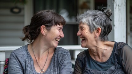 Naklejka premium A senior woman and her adult daughter sharing a heartfelt hug and laughing on a cozy terrace captured in a soft-focus portrait style