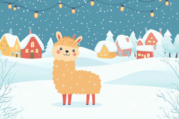 Naklejka premium Cute llama in snowy landscape with colorful houses and festive lights. llama has cheerful expression, adding whimsical touch to winter scene.