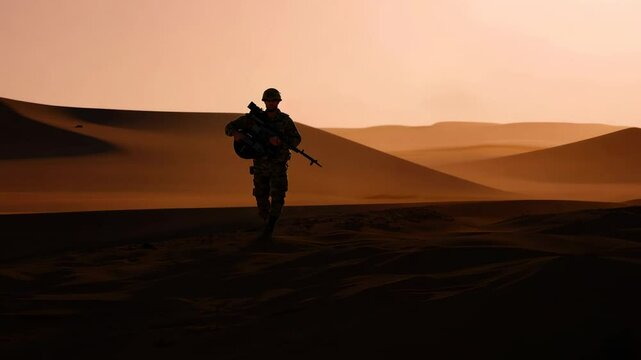 Solitary infantryman patrol area unwavering watching for signs of potential threats. Infantrymen with rifles prepared diligently patrol area with eyes scanning for indicators of possible dangers